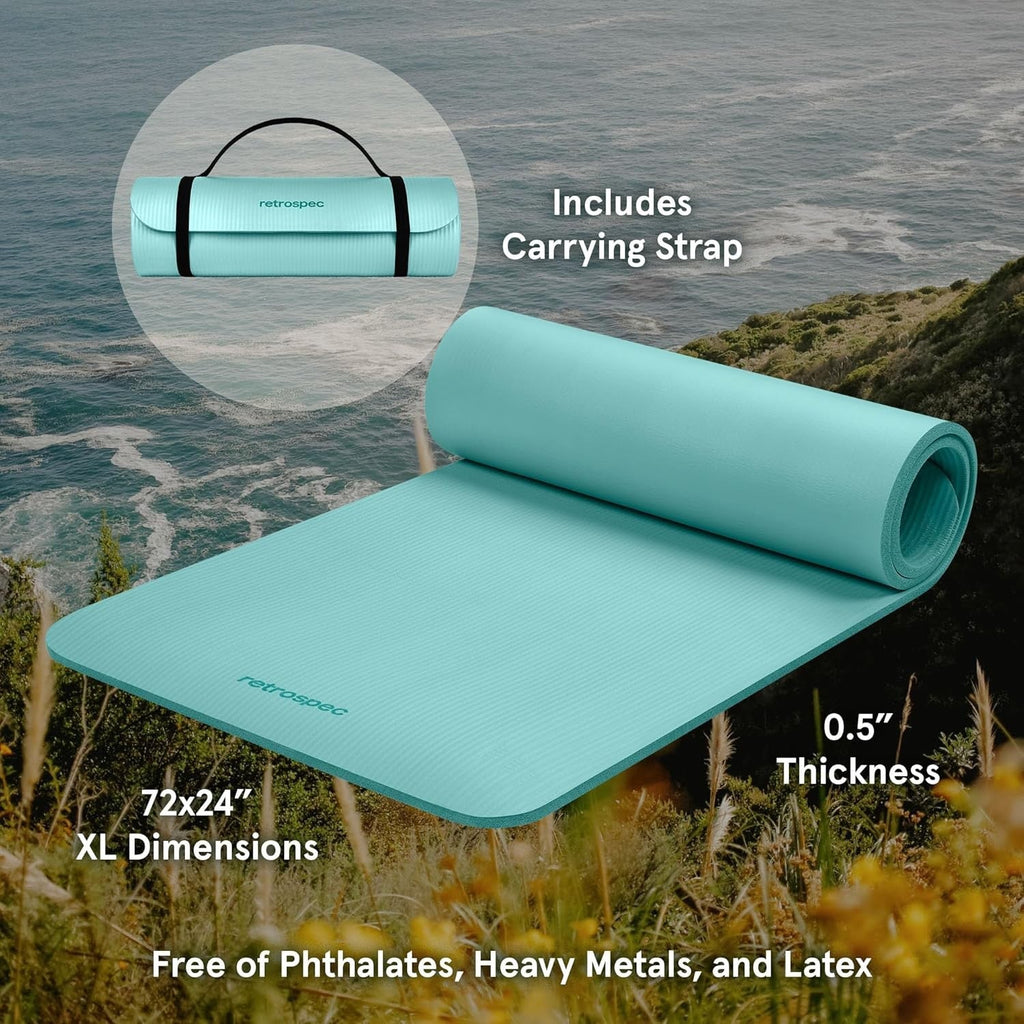 Retrospec Solana Yoga Mat 1/2" Thick w/Nylon Strap for 1/2 inch, Blue Ridge