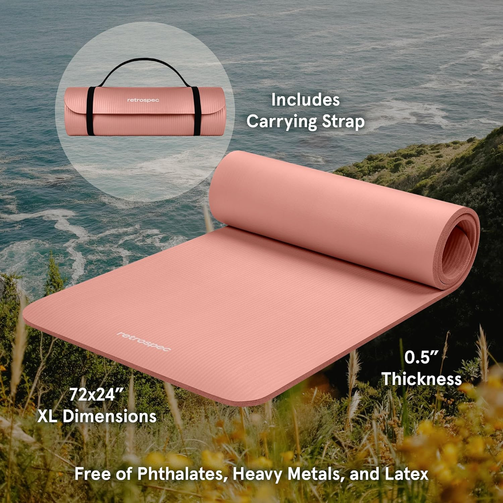 Yoga Mat Thick 1/2In Non-Slip Workout Mat with Nylon Strap - 72X24In Exer